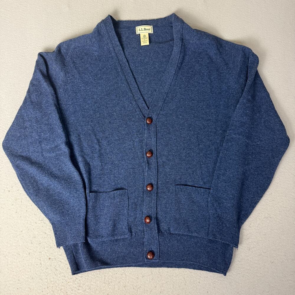 Vintage L.L. Bean Wool Cardigan Men’s L Blue Scotland Leather Buttons